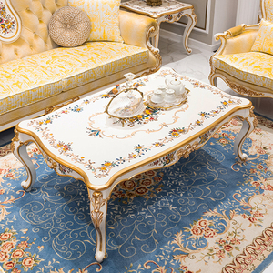 Ensemble de salon en bois massif sculpté JEELIAN, style romantique français, avec revêtement en placage de coquille, avec <span class=keywords><strong>canapé</strong></span> jaune pour la salle des fleurs - Product Image 5