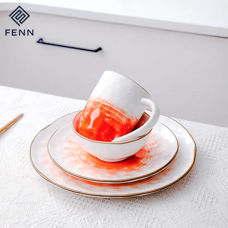 Ceramic Houseware Dining Set Orange Color Glazed Porcelain Dinnerware Dinner Set