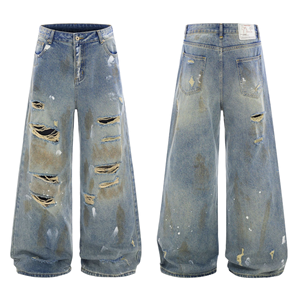 Men's American Distressed New Fashion Brand Trendy <b>Boot</b> Cut <b>Knitted</b> Craft Beaded Loose Straight Ripped Spring Denim Trousers - Product Image 1
