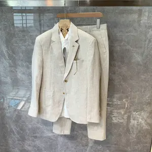 时尚休闲韩版亚麻修身加大码男士套装夹克纯色宽松单排扣薄结婚套装两件套