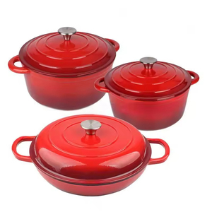 Horno holandés de hierro fundido esmaltado, Juego de <span class=keywords><strong>3</strong></span> piezas, seguro para horno y estufa, cacerola roja para acampar, juego de utensilios de cocina con revestimiento sin plomo - Product Image 1