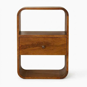 Mesita de noche curva de madera de mango, mesita de noche moderna y redondeada con almacenamiento, acabado en madera de mango natural, 2 compartimentos abiertos - Product Image 1