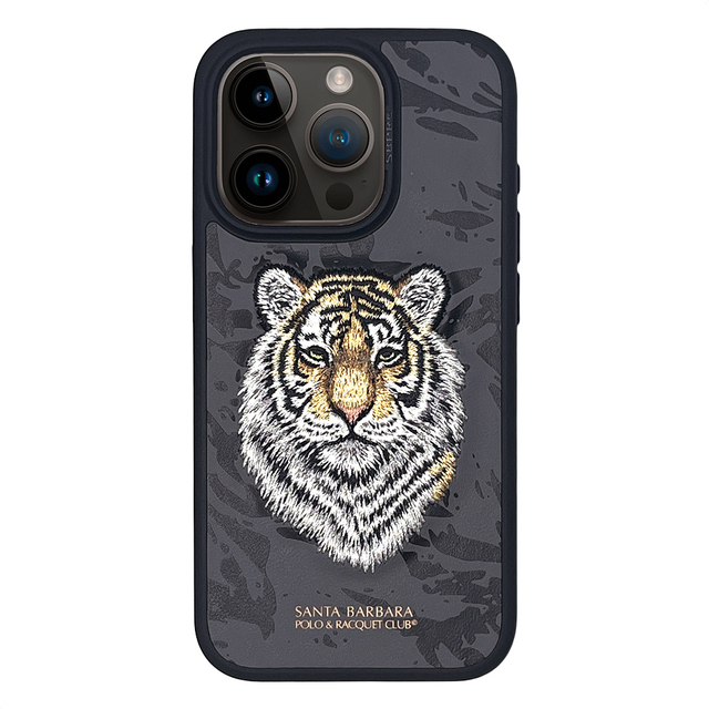 POLO Embroidered PC Leather Case for iPhone 15 Pro Max with Tiger, Snow Leopard and Wolf Design