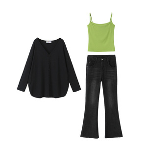 N9166 Plus Size Women's Set Solid Color Green Tank <b>Top</b> <b>Black</b> Cardigan Retro Denim Pants <b>Long</b> <b>Sleeve</b> V Neck Outfit - Product Image 1