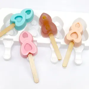 Molde de silicona para helados de calidad alimentaria, molde para Polos de helado de 4 agujeros con forma de corazón doble, tamaño pequeño, venta al por mayor, no estampado, 1017