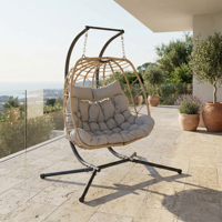 Fauteuil suspendu double moderne pour l'extérieur, cadre en acier métallique, chaise à bascule en rotin PE, siège à bascule robuste, coussin imperméable, patio