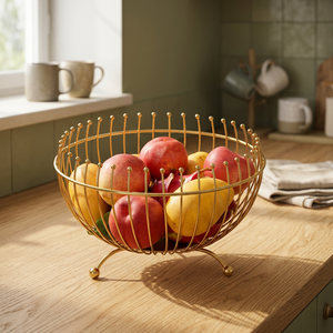 Support de panier à fruits rond en métal avec finition dorée pour rangement de cuisine, design en fil métallique durable, style moderne, à un seul niveau - Product Image 2