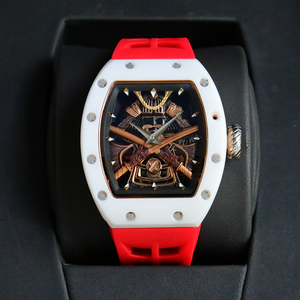 Nouvelle montre mécanique 2025 en céramique blanche, forme barillet, cadran squelette, design tourbillon armure samouraï, montre-bracelet de luxe sport - Product Image 1