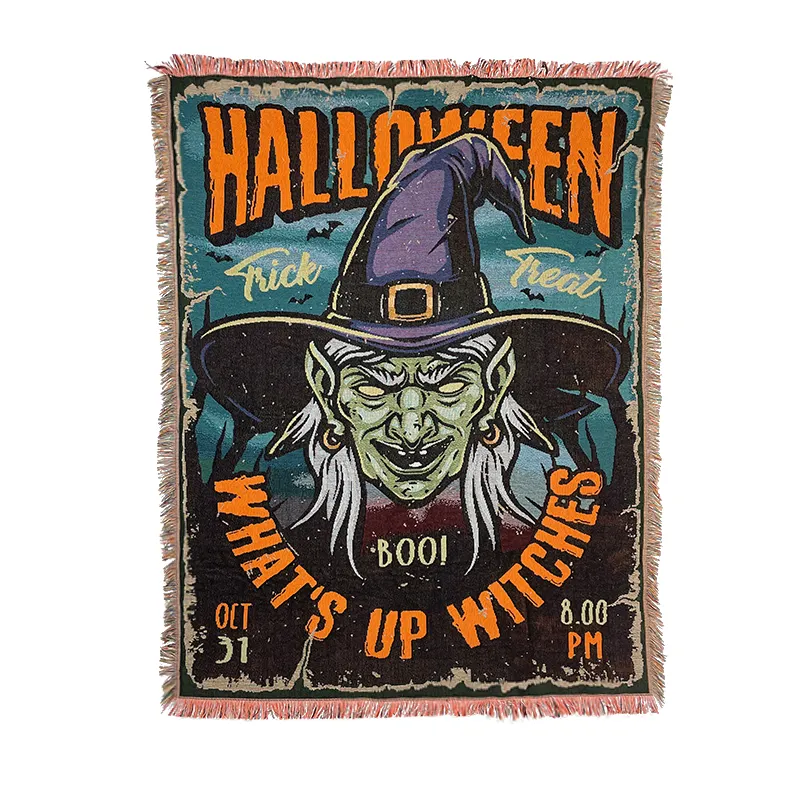 Custom Jacquard Halloween Woven Rugs With Tassels Tapestry Throw Blankets