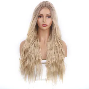 13x3 Lace Synthetic Wig One Tone Colored Blonde Hair Long Body Wavy Middle Part High Quality Good Premium Hair Cheap Price