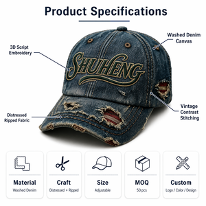 Casquette de baseball en denim délavé vintage avec logo brodé personnalisé et détails déchirés pour un style rétro urbain - Product Image 5