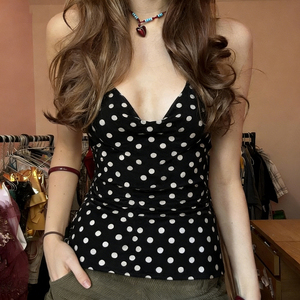 Women Polka Dot V Neck Tank Top <b>Tie</b> <b>Back</b> Sleeveless Camisole Slim Fit Casual Summer Fashion Top - Product Image 1