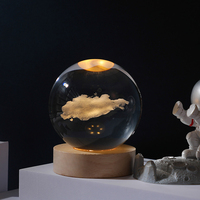 Boule de cristal 3D gravée au laser représentant le système solaire, boule de cristal vierge, décoration de bureau, veilleuse avec base en bois LED