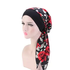 Turban musulman Hijab imprimé de fleurs Foulard de créateur Chapeau en voile pré noué Turban pour dames Sommeil de nuit africain