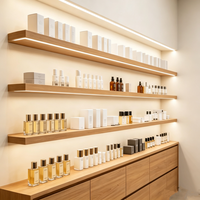 Étagère murale LED en bois clair pour présentoir cosmétique, comptoir îlot à niveaux ronds, bureau de réception incurvé pour salon de beauté