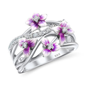 Anello da Donna F249 in Argento Sterling 925 con Diamanti e Fiori in Smalto Viola, Gioiello per Uso Quotidiano - Product Image 1