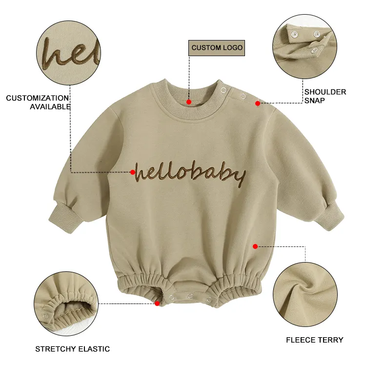 Thick Terry Embroidery Infant Jumpsuit Long-sleeved shoulder buckle new-born romper Solid color round neck baby boy girl pajamas