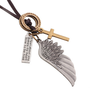 <b>Angel</b> Wings Necklace Zinc Alloy Cross Pendant Cowhide Chain <b>Gift</b> Jewelry Fashion Pendant Necklaces - Product Image 5