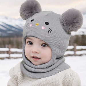 Bonnet d'hiver pour tout-petits, écharpe, cagoule, <span class=keywords><strong>masque</strong></span> de <span class=keywords><strong>ski</strong></span>, bonnet tricoté à capuche, col protecteur pour le cou avec pompon pour enfants - Product Image 4