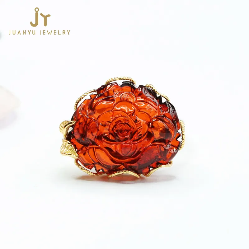 Cincin Amber bentuk bunga antik kualitas tinggi, cincin Peony 925 perak murni, perhiasan cincin Amber dapat disesuaikan