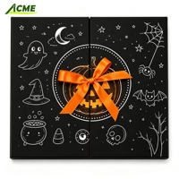 Boîte de calendrier de l'avent d'Halloween en noir mat de luxe avec fermeture magnétique, ruban orange, 24 compartiments, emballage cadeau surprise
