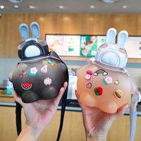 Dessin animé créatif lapin en plastique paille tasse dégradé couleur grande capacité sangle extérieur cadeau enfants étudiant tasses