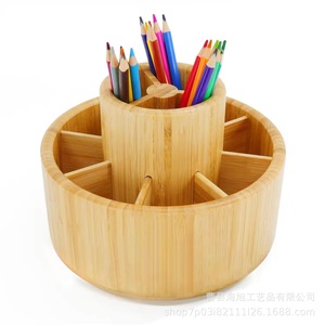Bamboo <b>Rotating</b> Desktop Storage Rack Pen Holder Office <b>Desk</b> Organizer Student Stationery Box Round Standing Type - Product Image 3