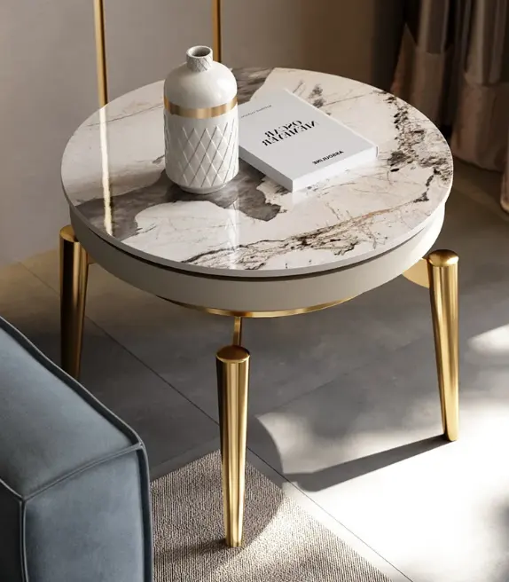 Tavolini da tè da caffè con tavolino rotondo in marmo con struttura in acciaio inossidabile dorato di lusso per mobili da soggiorno