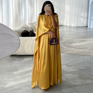 Gaun Muslim Satin Bernapas Model A-Line Polos Warna Biru untuk Pesta Dubai, Pakaian Islami Terbaru Terlaris <span class=keywords><strong>M</strong></span>-72 - Product Image 2