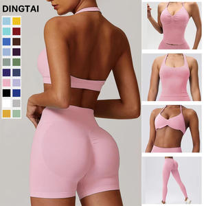 カスタムロゴ広州Dingtai女性ジムスポーツウェアフィットネスシームレスセットヨガネックブラスクランチバットリフトレギンスヨガショート - Product Image 1