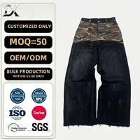 Jean en coton patchwork personnalisé 400g, coupe baggy à jambe large, imprimé camouflage, effet vieilli, délavé, avec patch en cuir, style Hip Hop Streetwear
