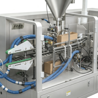 Machine d'emballage verticale automatique à chargement par le haut avec insertion de dépliants pour l'emballage de sachets de poudre alimentaire et de sticks en carton