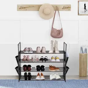 Zapateras Custom Simple Porch Shoe Stand 4 Layer Non Woven Shoe Rack With Fabric Storage Bag Wooden Shoe Rack Sapateira