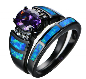 JIELING nuovo Design opale di fuoco blu e anello di zircone di ametista ovale per le donne e gli uomini oro nero placcato anello di pietre preziose - Product Image 1