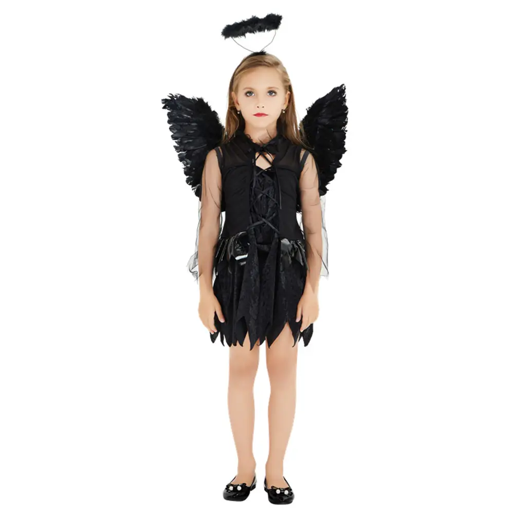 Luxe Halloween enfants scène Costumes mignon noir ange robe fête Cosplay filles robe avec aile noire