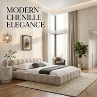 Cadre de lit rembourré moderne, taille Queen, beige, en chenille, lit plateforme, lattes en bois massif, meubles de chambre à coucher, OEM/ODM personnalisé
