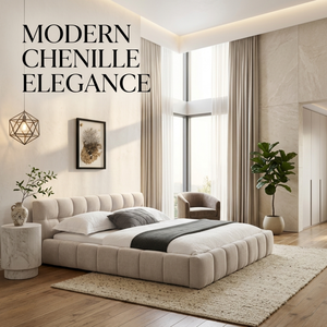 Base de <span class=keywords><strong>Cama</strong></span> Moderna Tapizada Tamaño Queen, Color Beige Chenille, Plataforma con Láminas de Madera Sólida, Muebles de Dormitorio, OEM/ODM Personalizado - Product Image 2