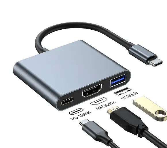 3 in 1 kablo dönüştürücü veri USB 3.0 Hub adaptörü tip C HDMI 4K Splitter PD 100W Max şarj Samsung Huawei Macbook laptop için