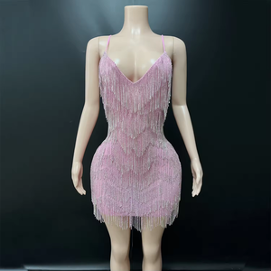 Nuevo Vestido Casual de <span class=keywords><strong>Moda</strong></span> con Cristales para Mujer, Vestido Halter sin Mangas con Borlas de Diamantes de Imitación, Mini Vestido Sexy para Club Nocturno de Verano - Product Image 4