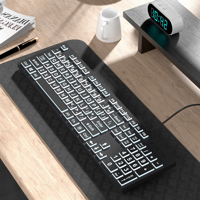 Full-Size Silent Office Keyboard Backlit Large Letters Dust-Proof Wired Multi-Media Elder Laptop Teclados USB Interface New