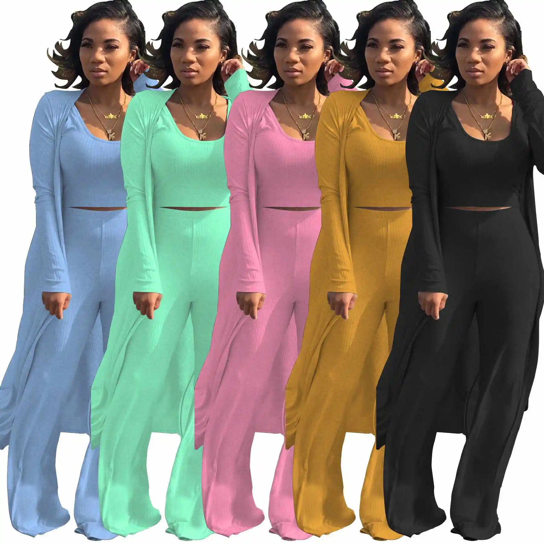 2021 패션 캐주얼 3 조각 세트 여성 의류 긴 소매 플레어 바지 세트 느슨한 디자인 여성 플러스 사이즈 코트 드레스 세트