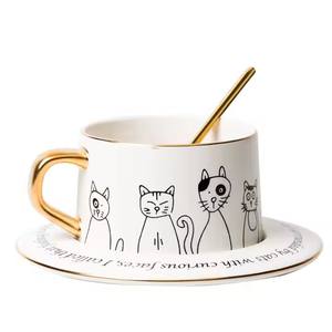<span class=keywords><strong>Tasse</strong></span> à <span class=keywords><strong>expresso</strong></span> et soucoupe en porcelaine pour chats à rebord doré européen personnalisé, cadeau d'affaires avec couvercle pour l'eau - Product Image 5