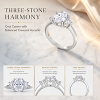 Bague en moissanite, argent sterling 925, coupe ovale, pierre latérale demi-lune, trois pierres, bague de fiançailles pour femme