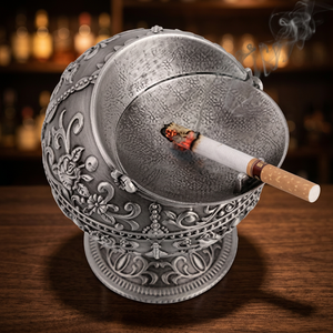 <b>Vintage</b> Round Stainless Steel Desktop <b>Ashtray</b> with Ornate Floral Design for Home Use - Product Image 3