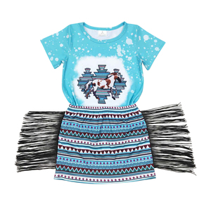 Gsd0607 Mới Trong Kho Phương Tây Rodeo Thời Trang Ngựa Màu Xanh Ngắn Tay Áo Hàng Đầu Tua Đồ Biểu Đồ Váy Cô Gái Quần Áo Bộ Phương Tây Cửa Hàng - Product Image 1