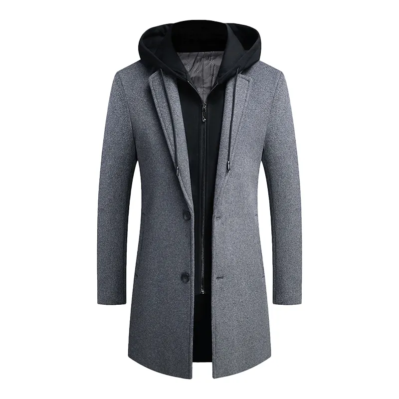 Custom Woolen Trench Overcoat Winter Medium Length Cashmere Wool Coat Men with Detachable Hood