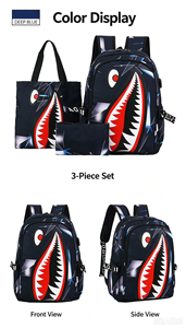 Shark Print Student <b>Backpack</b> Waterproof School Bag Cartoon Bookbag with Pencil Case and Tote Bag for Teens - Product Image 2