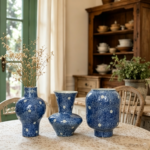Speckled Cobalt Blue White Polka Dot Assorted Shapes Ceramic Vase Set Vintage <strong>Cottage</strong> Table Decor Vase - Product Image 1