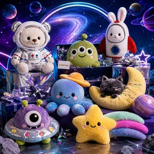Set di Peluche Retrò a Tema Spazio e Galassia, Morbidi Orsacchiotti Astronauti, Alieni, Razzi, Stelle e Lune - Product Image 1