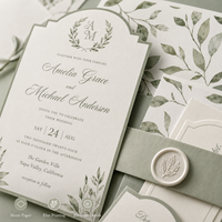 Ensemble d'invitations de mariage personnalisées avec bordure en arche vintage, design feuille aquarelle vert sauge doux, avec cartes RSVP et de détails assorties
